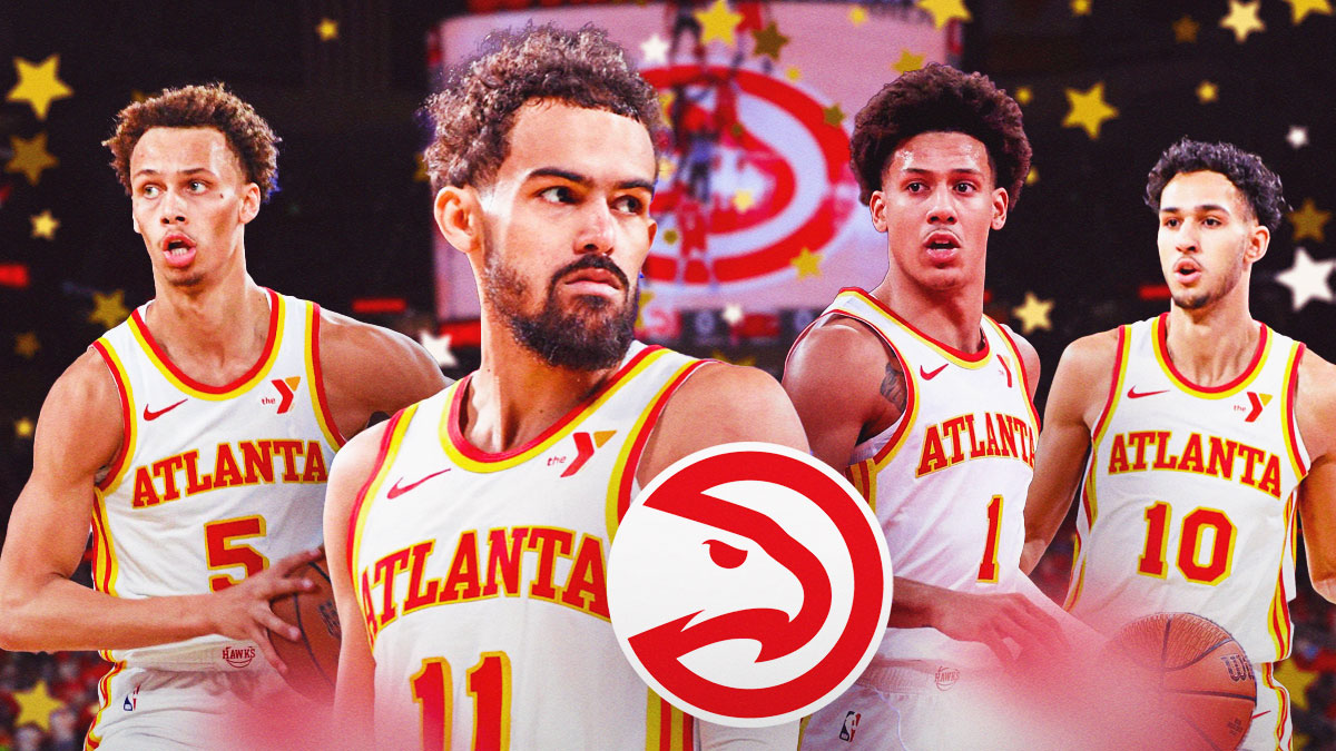 Hawks' Trae Young, Dyson Daniels, Jalen Johnson, and Zaccharie Risacher in the corners of the image with gold stars behind them. The Atlanta Hawks logo in the middle all of them and the State Farm Arena in the background