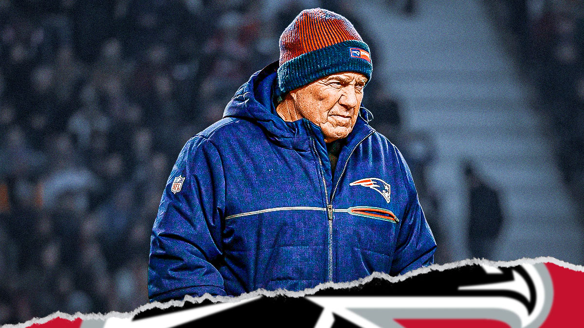 Bill Belichick next to a Falcons logo.