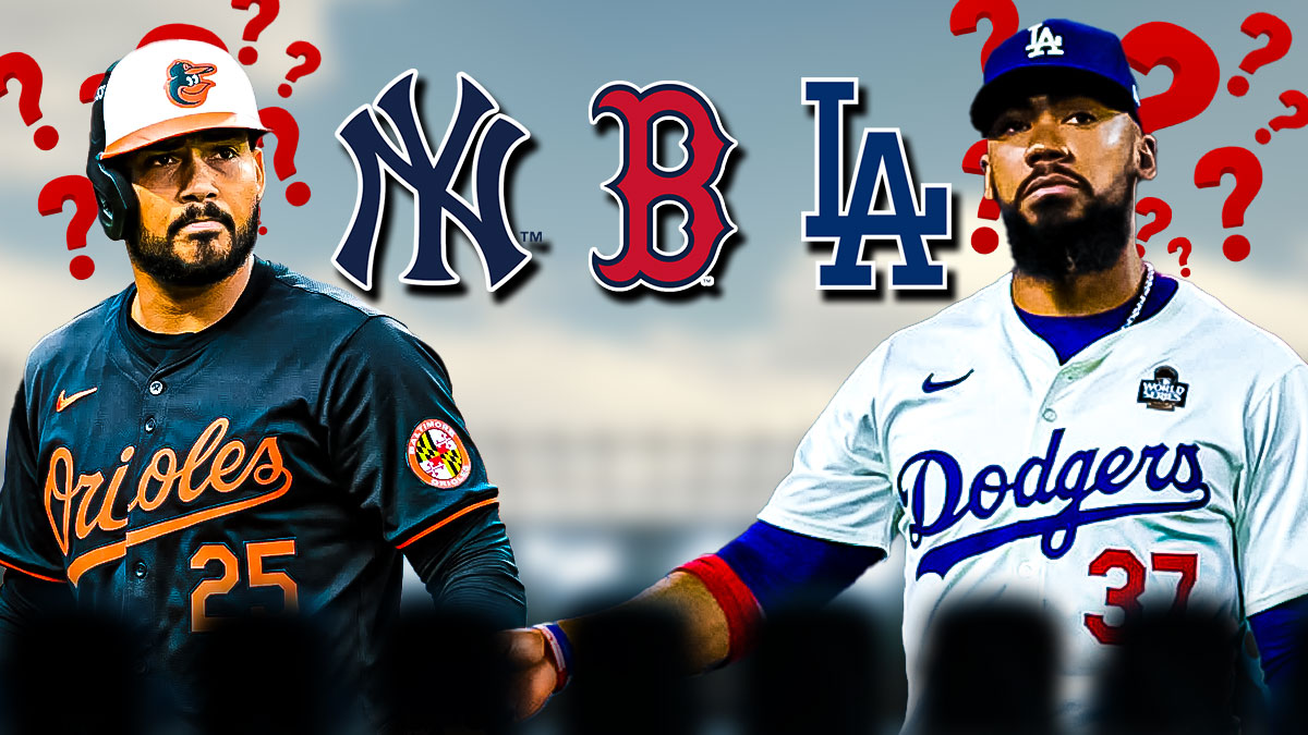 Anthony Santander, Teoscar Hernandez. Yankees, Red Sox, Dodgers logos. Question marks all around.