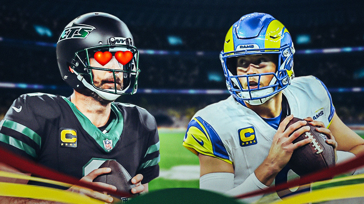 Jets quarterback Aaron Rodgers with hearts over his eyes, looking at Rams quarterback Matthew Stafford throwing a football