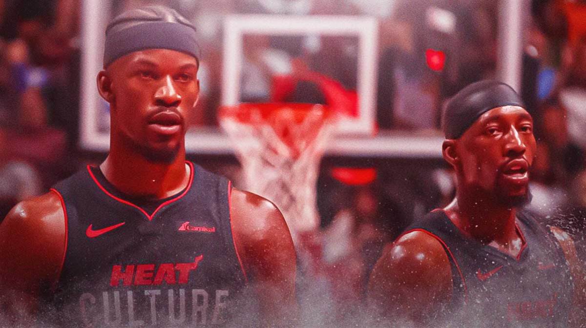 Miami Heat stars Bam Adebayo and Jimmy Butler in front of Kaseya Center.