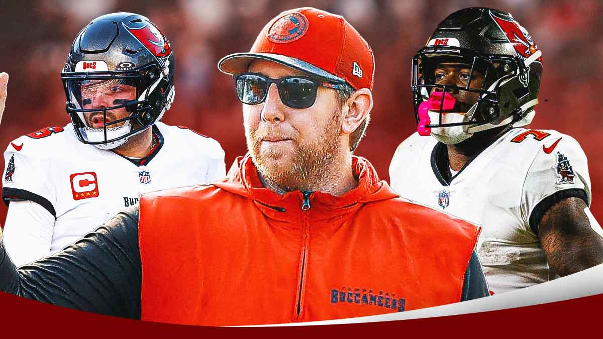 Tampa Bay Buccaneers offensive coordinator Liam Coen calling plays and/or coaching with fire emojis over his eyes in center, Tampa Bay Buccaneers quarterback Baker Mayfield looking excited/fired up/ happy on left side, Tampa Bay Buccaneers running back Bucky Irving looking excited/fired up/ happy on right side, Raymond James Stadium (home stadium of the Tampa Bay Buccaneers) in background
