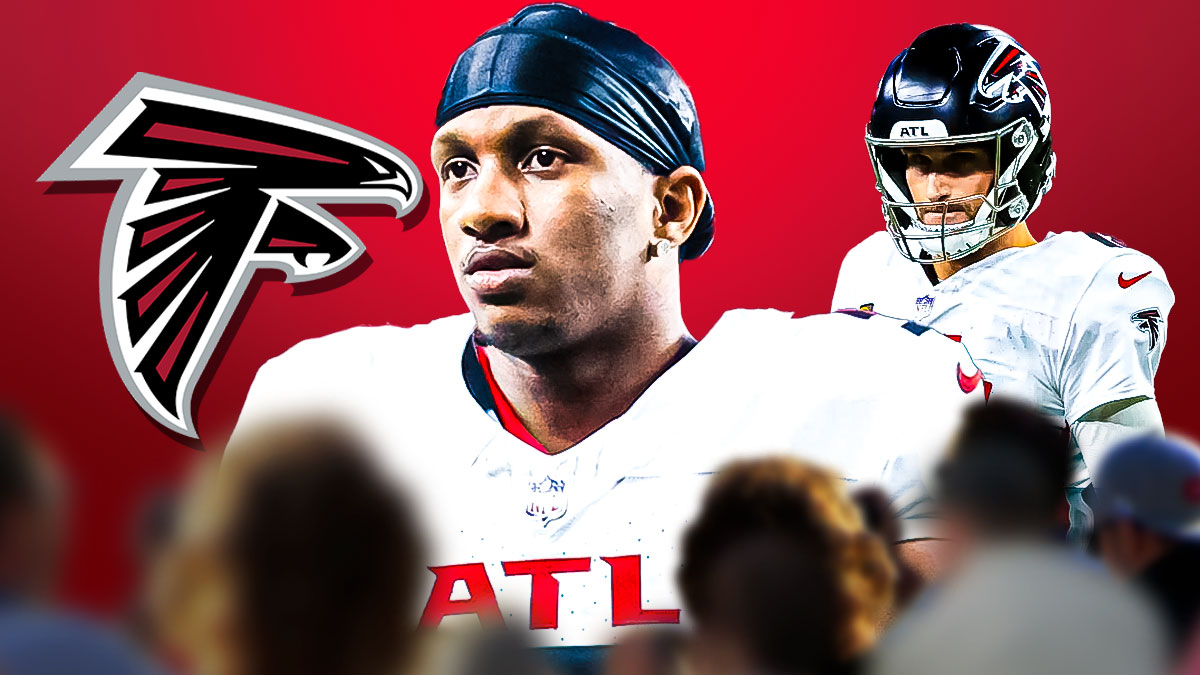 Michael Penix Jr. in the foreground with a miniature and angry looking Kirk Cousins and a Falcons logo.
