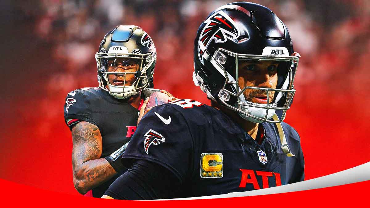 Falcons players Kirk Cousins with Michael Penix Jr. after loss to Chargers.