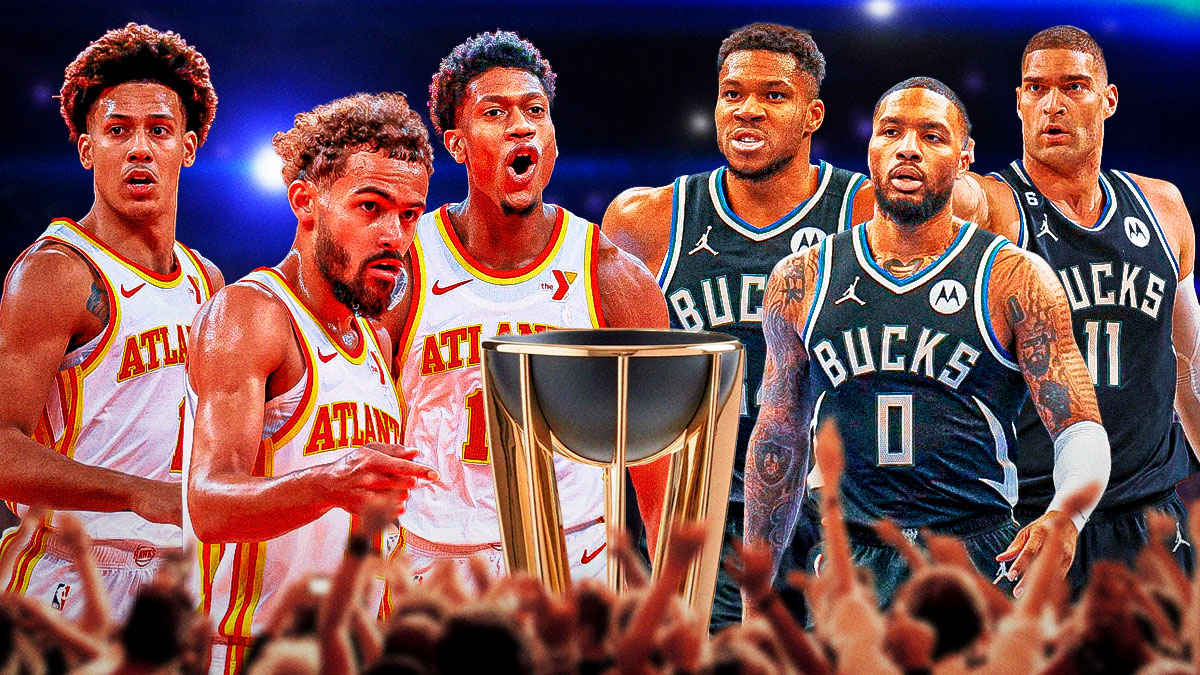 Trae Young, Jalen Johnson, and De'Andre Hunter on one side, and Giannis Antetokounmpo, Damian Lillard, and Brook Lopez on the other side. The NBA Cup in the middle of them.