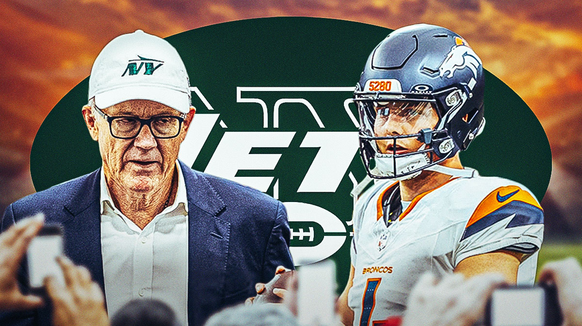 New York Jets owner Woody Johnson with Denver Broncos QB Zach Wilson. There is also a logo for the New York Jets.