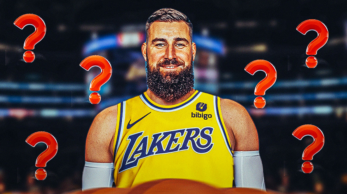 Jonas Valanciunas in a Los Angeles Lakers jersey and a background of Crypto.com Arena, with question marks surrounding Valanciunas