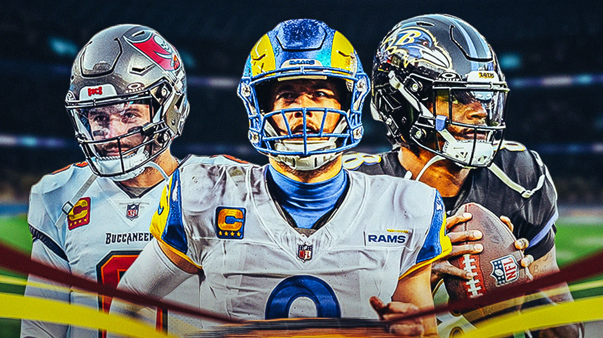 Los Angeles Rams star Matthew Stafford in the center with Lamar Jackson and Baker Mayfield on either side in front of SoFi Stadium.