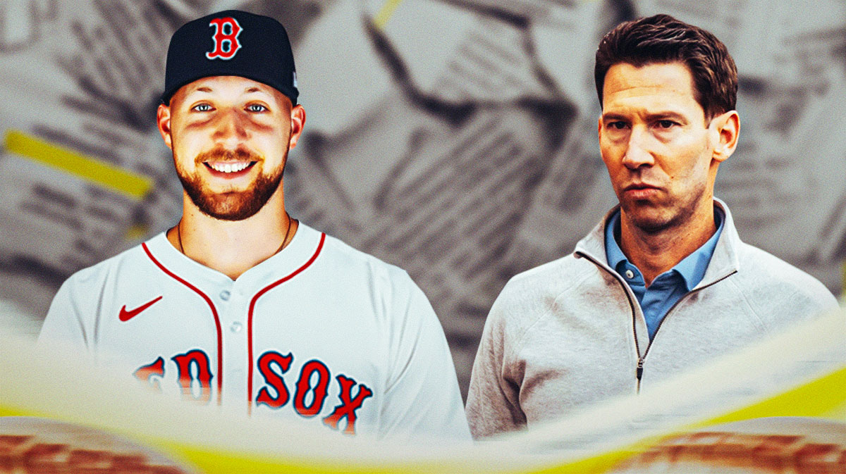 A newspaper as the background, Craig Breslow on one side, Garrett Crochet in a Boston Red Sox uniform on the other side