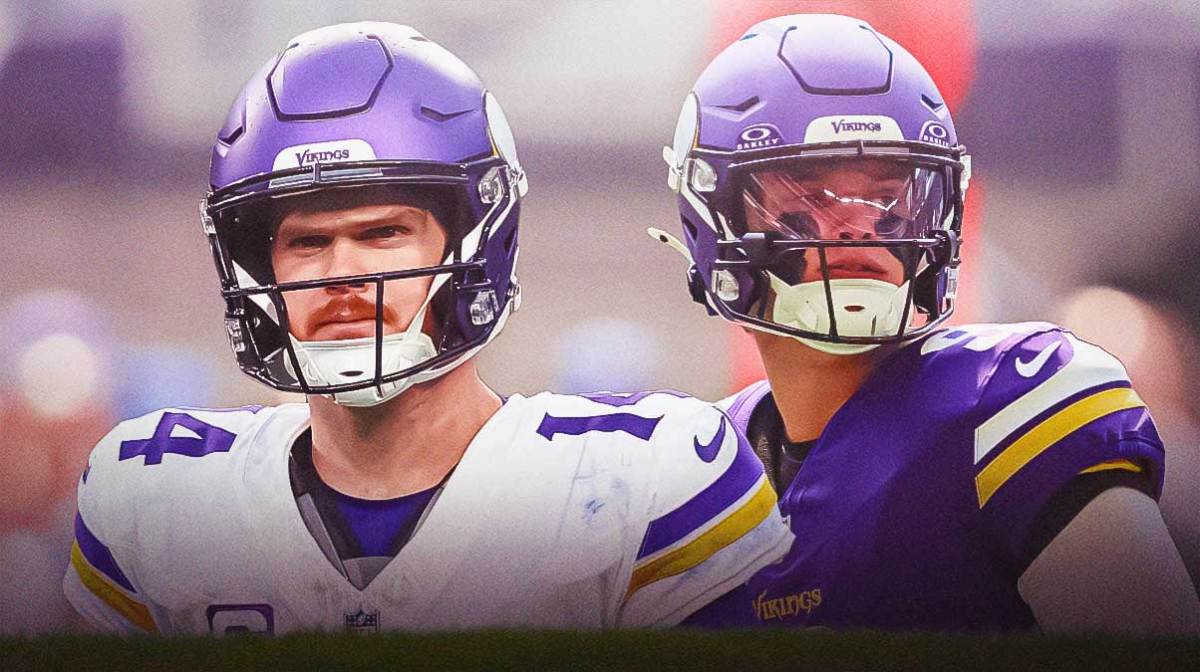 Sam Darnold next to the JJ McCarthy (Vikings) in front fo the Rams stadium.