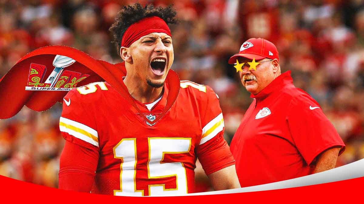 Patrick Mahomes in a Super Bowl cape with Andy Reid with stars in his eyes.