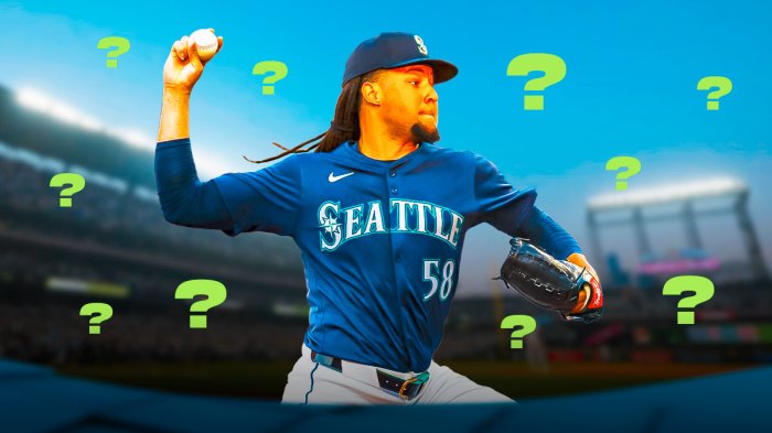 Luis Castillo pitching in a Seattle Mariners uniform with little green question marks around him as the Mariners aren't sure if they'll trade Castillo.