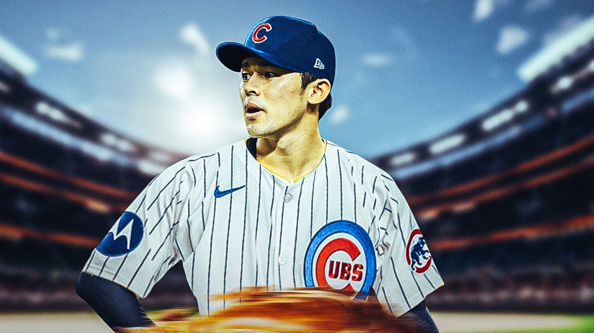 Roki Sasaki in a Chicago Cubs 2024 jersey. Wrigley Field background.