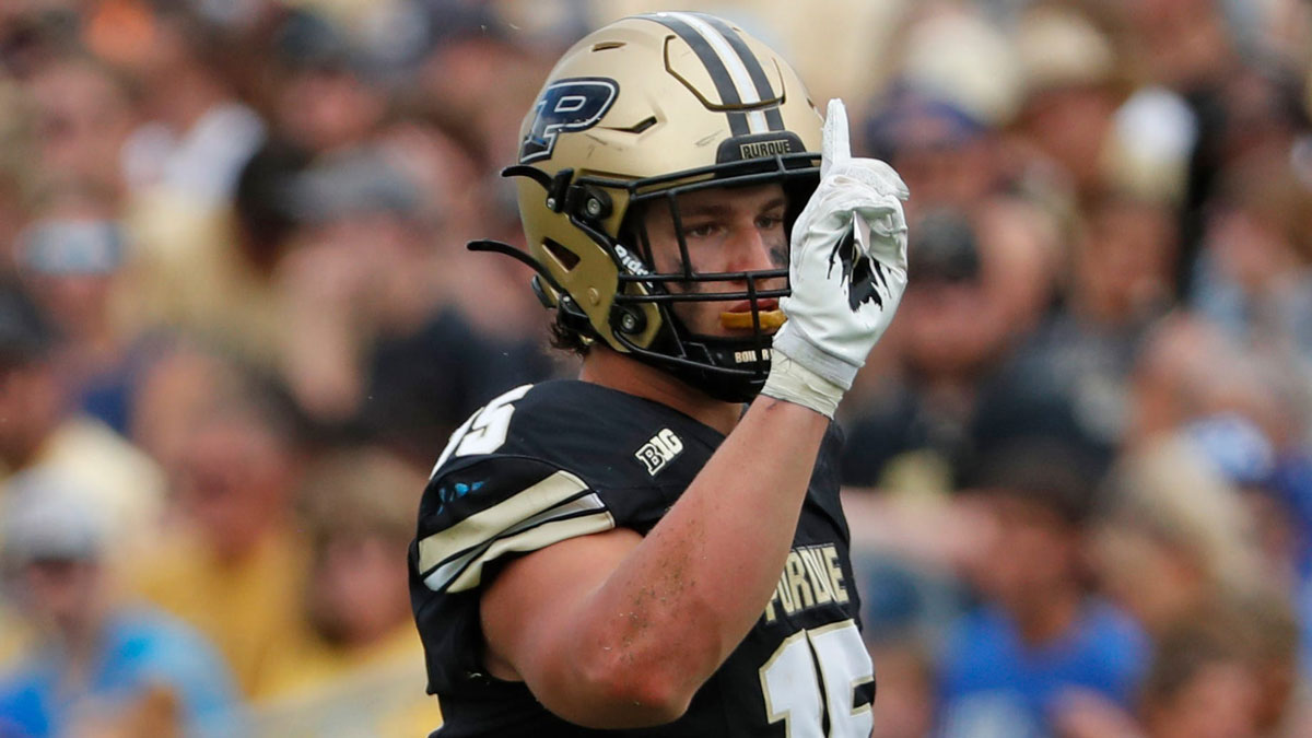 Purdue Boilermakers defensive end Will Heldt (15) reacts after a defensive stop Saturday, Aug. 31, 2024, during the NCAA football game against the Indiana State Sycamores at Ross-Ade Stadium in West Lafayette, Ind. Purdue Boilermakers won 49-0.