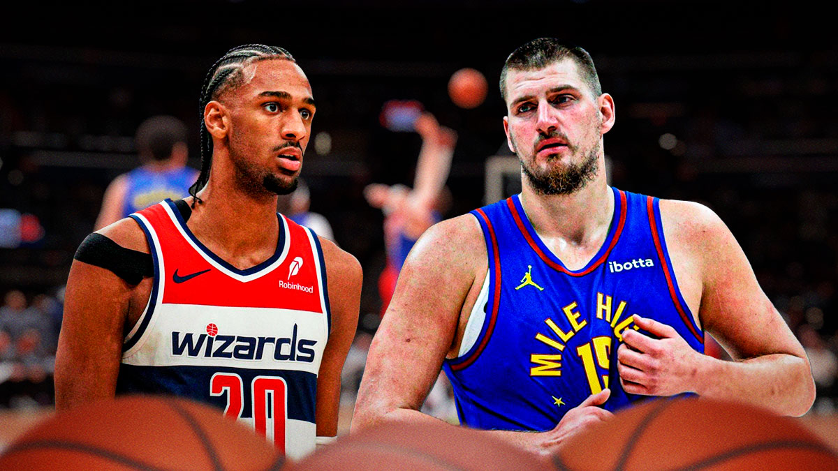Alex Sarr stares at Nikola Jokic