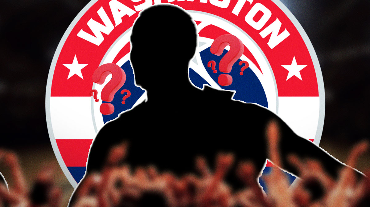 A Wizards logo next to a silhouette of Kyle Kuzma with question marks all around