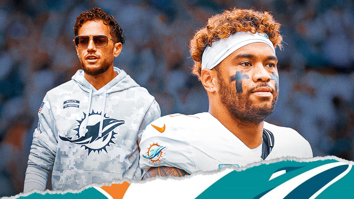 Dolphins Mike McDaniel and Dolphins Tua Tagovailoa looking disappointed