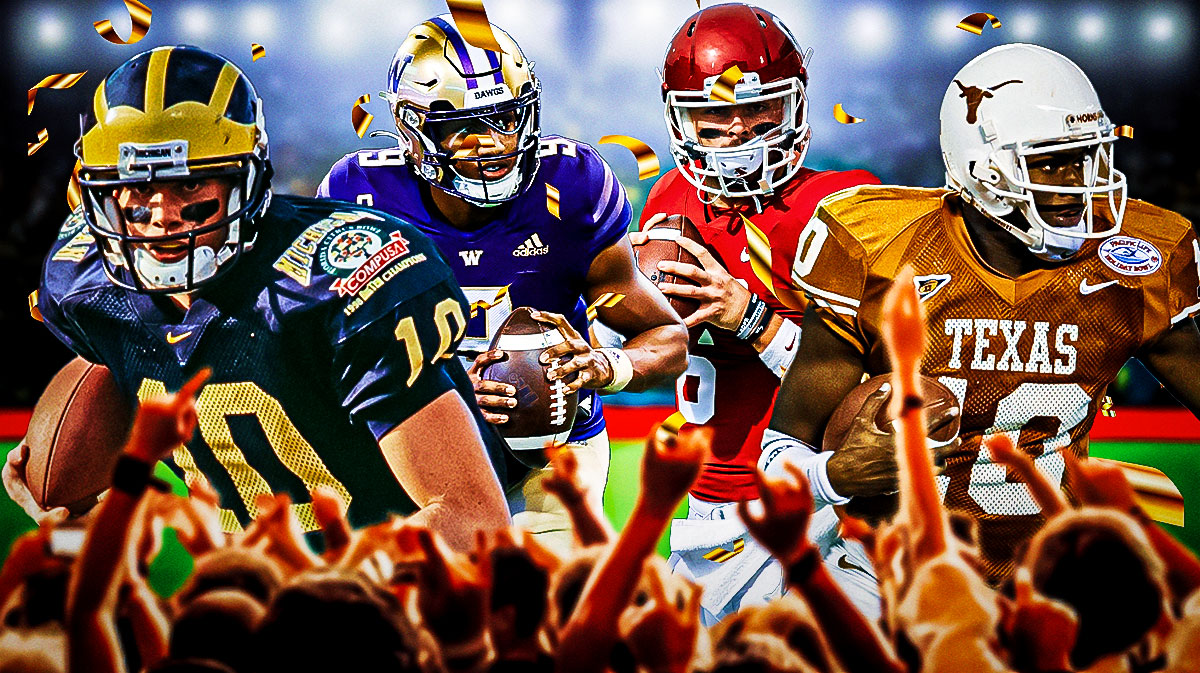 College Football Bowl Game legends Vince Young, Tom Brady, Michael Penix Jr. and Baker Mayfield