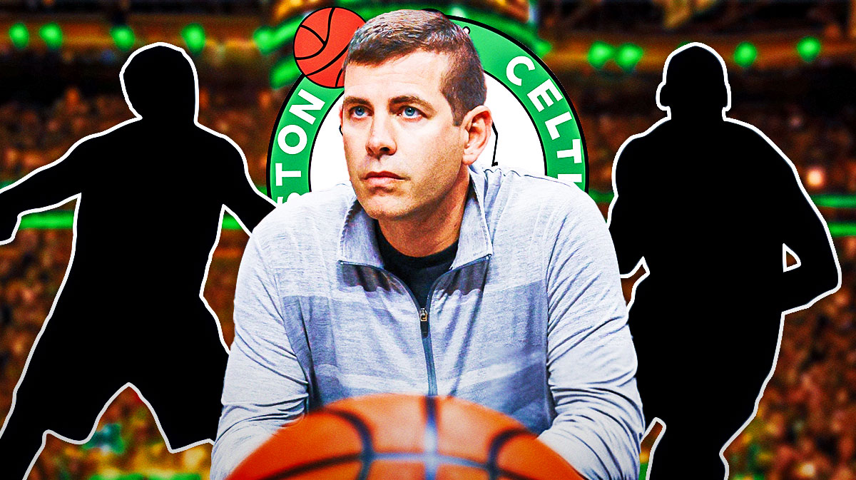 Brad Stevens in the middle, Two mystery players beside him, Boston Celtics wallpaper in the background