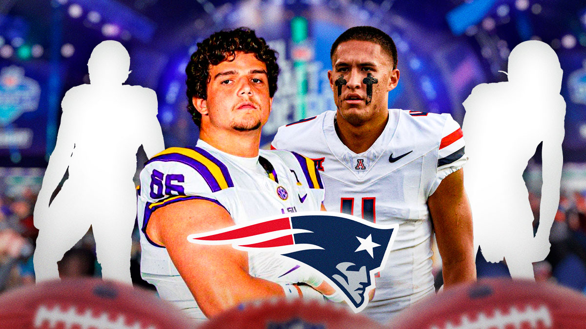 Will Campbell (LSU) and Tetairoa McMillan (Arizona) with silhouettes of Kelvin Banks Jr. (Texas) and Colston Loveland (Michigan) with a Patriots logo in the front and an NFL draft background