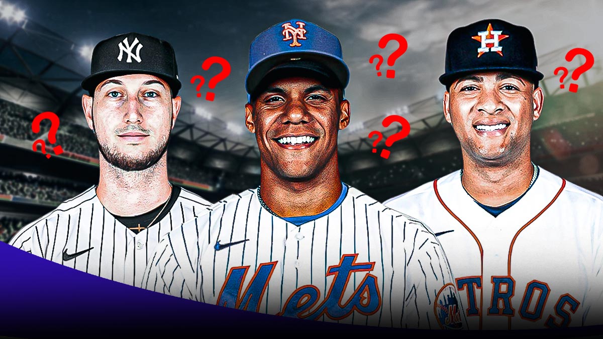 uan Soto in Mets uniform, Kyle Tucker in Yankees uniform, Luis Gil in Astros uniform, with question marks all over