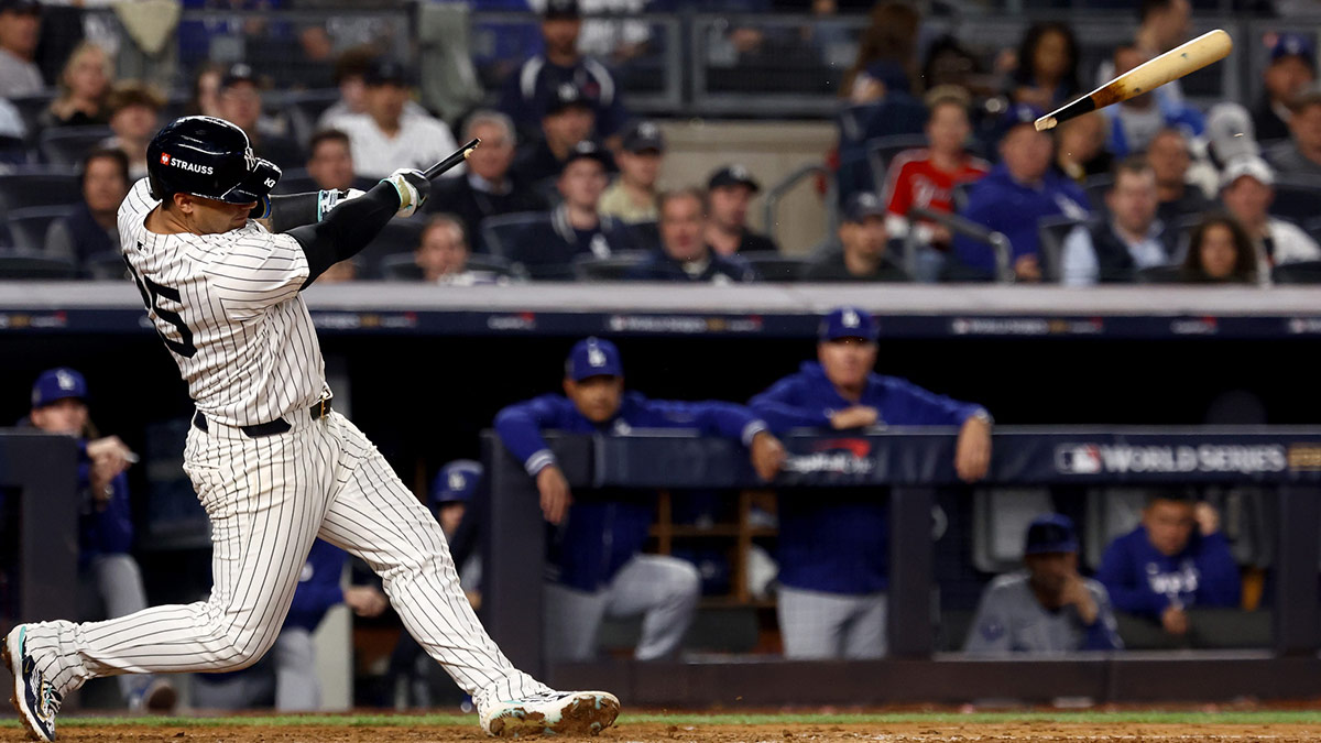 New York Yankees second baseman Gleyber Torres (25) breaks his bat on a ground out during the seventh inning against the Los Angeles Dodgers in game five of the 2024 MLB World Series at Yankee Stadium.