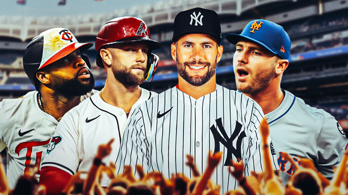 Paul Goldschmidt in Yankees jersey most prominent, background Christian Walker (Diamondbacks), Pete Alonso (Mets) and Carlos Santana (Twins) At Yankee Stadium