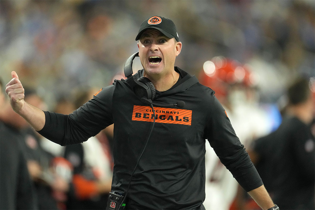 Cincinnati Bengals coach Zac Taylor reacts against the Los Angeles Chargers in the first half at SoFi Stadium.