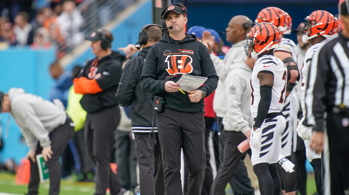 Cincinnati Bengals head coach Zac Taylor surveys the field during the second quarter at Nissan Stadium in Nashville, Tenn., Sunday, Dec. 15, 2024.