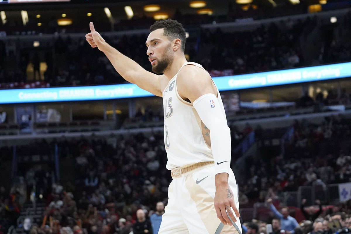 Chicago Bulls guard Zach LaVine (8) gestures after a three point basket against the Memphis Grizzlies during the second half at United Center.