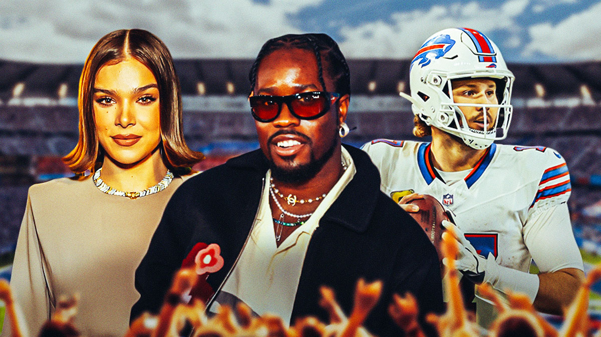 Hailee Steinfeld and Buffalo Bills quarterback Josh Allen, who recently announced their engagement, with Spider-Verse star Shameik Moore with Highmark Stadium background.
