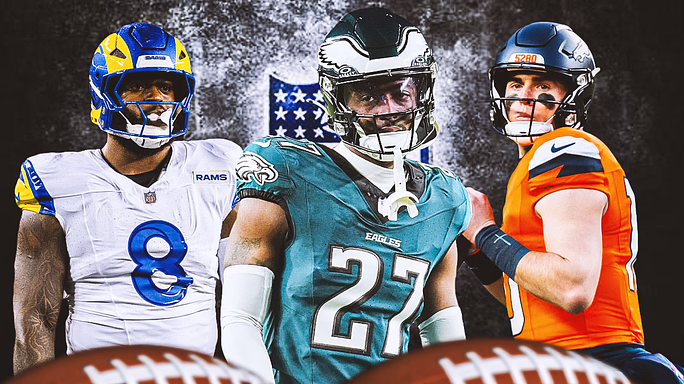 Quinyon Mitchell in the middle, Jared Verse, Bo Nix around him, Pittsburgh Steelers wallpaper in the background