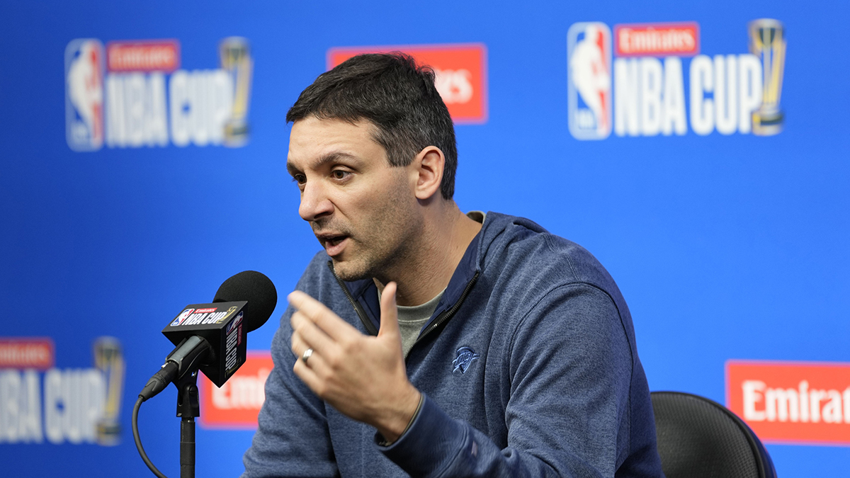 Thunder head coach Mark Daigneault addresses the media in a press conference during practice prior to the Emirates NBA Cup semi-finals at T-Mobile Arena