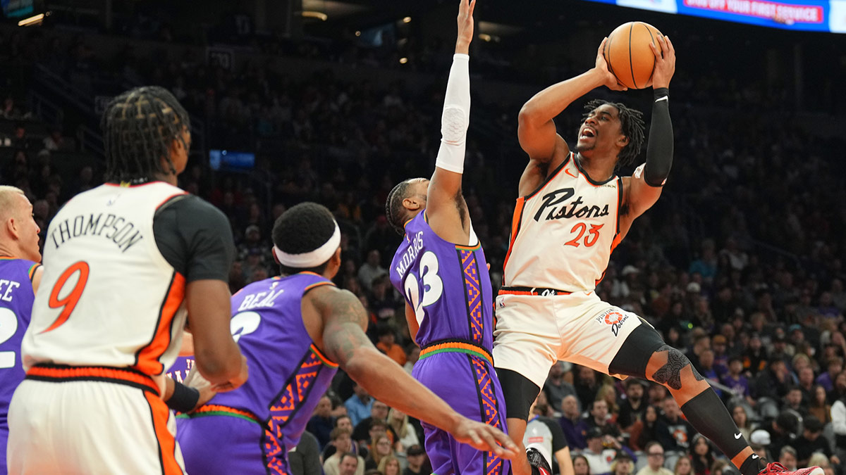 Detroit Pistons guard Jaden Ivey (23) shoots against the Phoenix Suns during the second half at Footprint Center. 