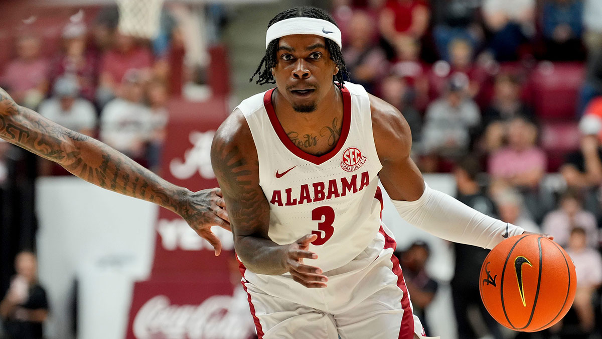 Alabama guard Latrell Wrightsell Jr. (3) brings the ball up against McNeese at Coleman Coliseum.