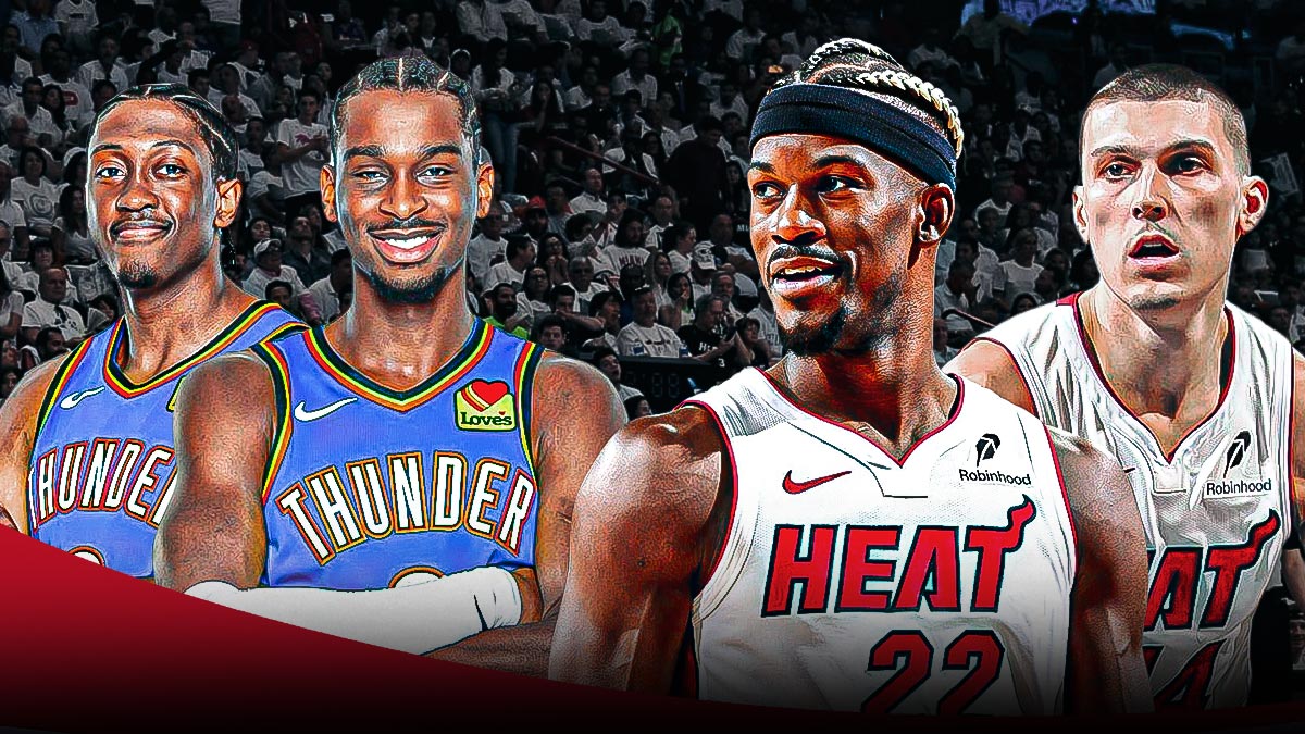 Miami Heat stars Jimmy Butler and Tyler Herro looking at Shai Gilgeous-Alexander and Jalen Williams in front of Kaseya Center.