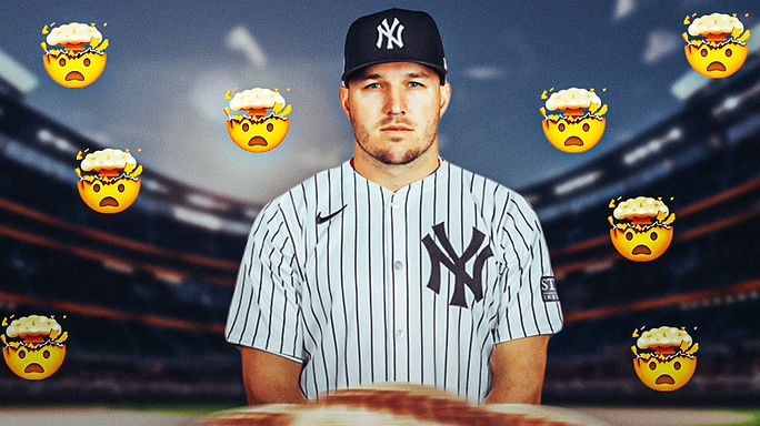 Mike Trout in a Yankees jersey at Yankee Stadium, mind blown emojis