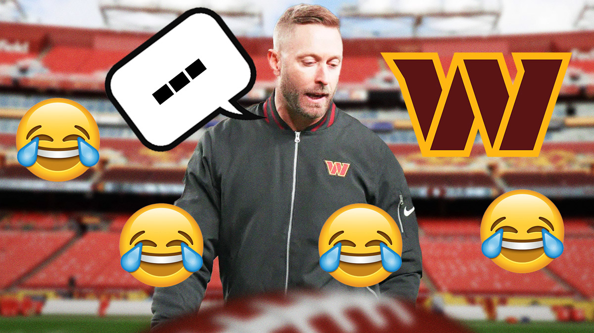 Washington Commanders offensive coordinator Kliff Kingsbury with a speech bubble that has the three dots emoji inside. He is surrounded by laughing crying emojis (😂). There is also a logo for the Washington Commanders.