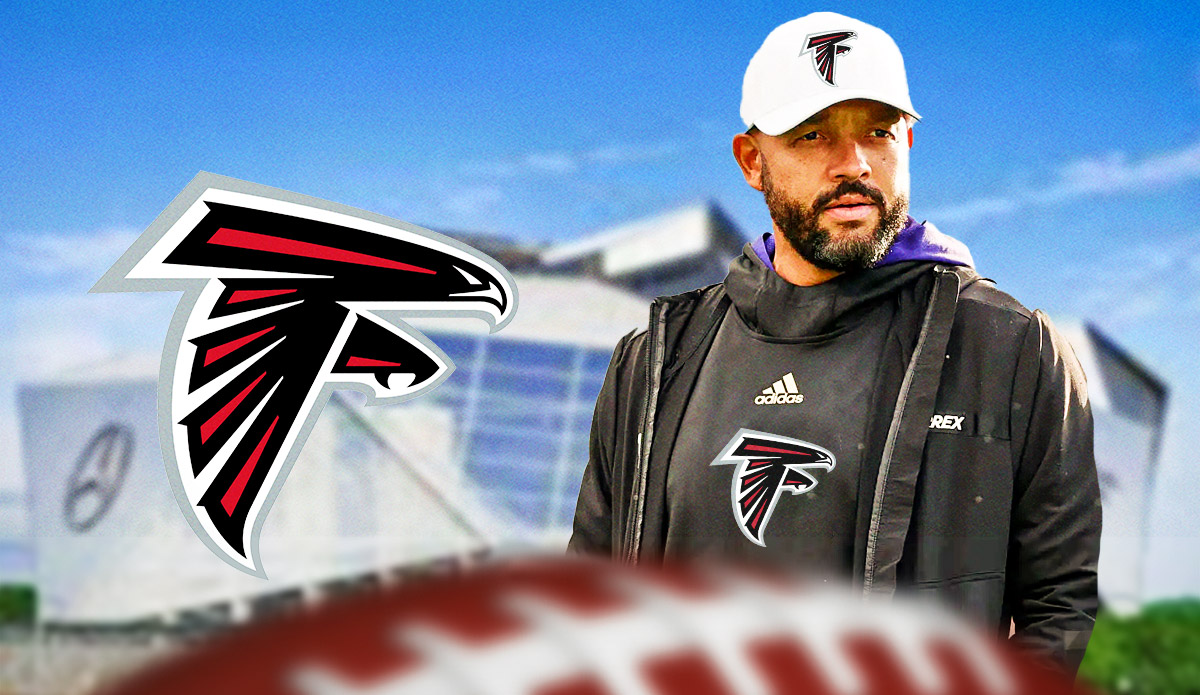 Falcons, former DC Jimmy Lake, Mercedes-Benz Stadium in back