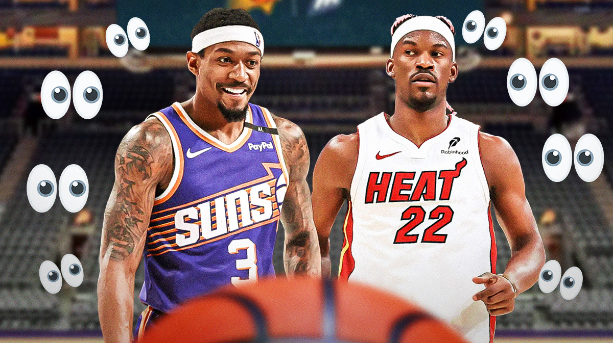 Bradley Beal and Jimmy Butler with a bunch of the big eyes emojis in the background