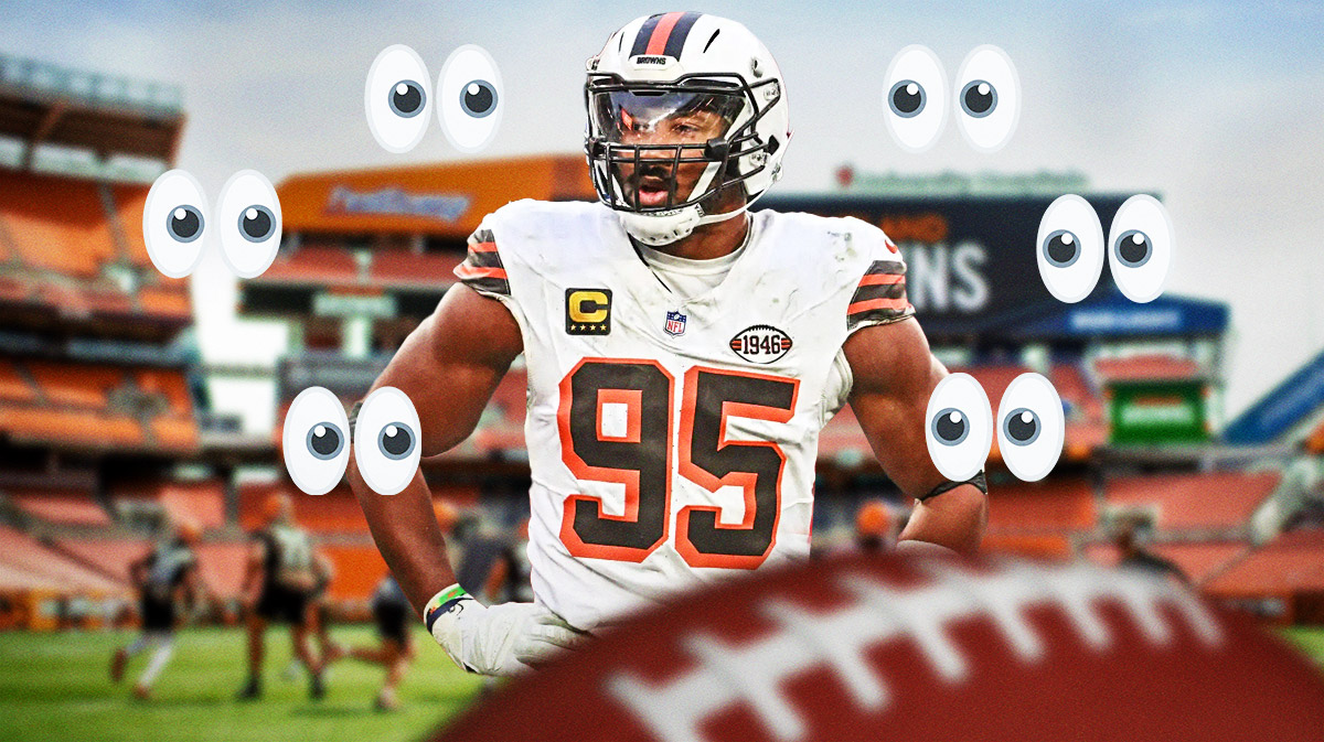 Myles Garrett in a Browns uniform with an eye emoji.