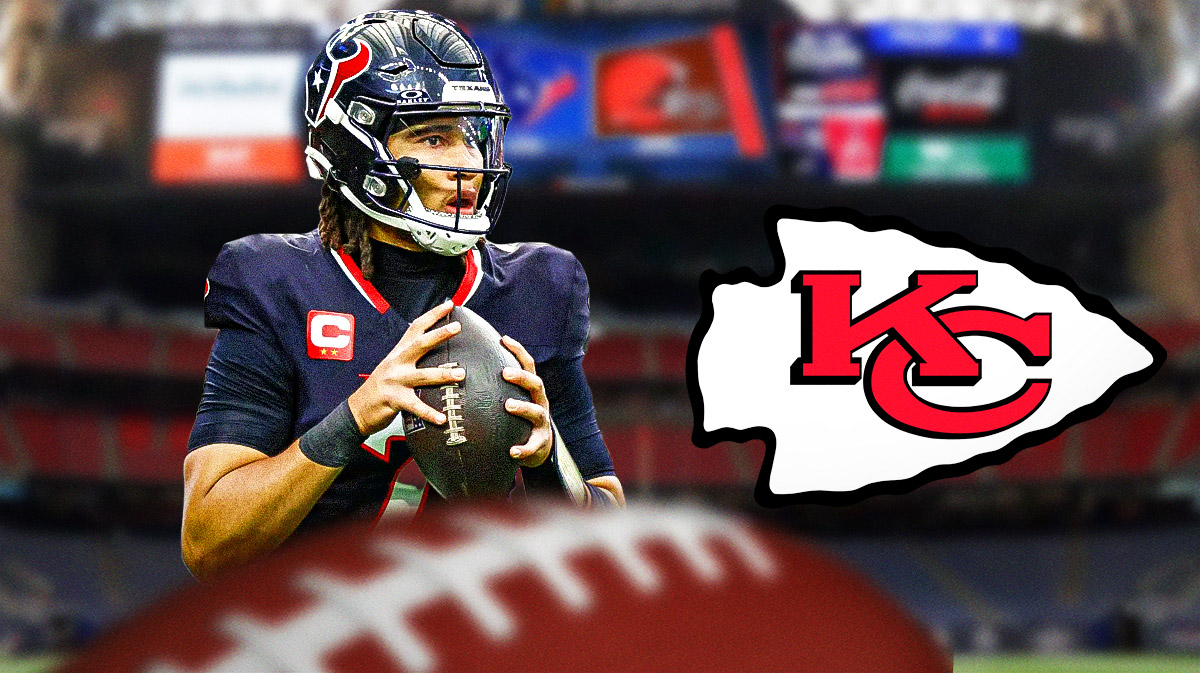 CJ Stroud in Texans gear next to Chiefs logo.