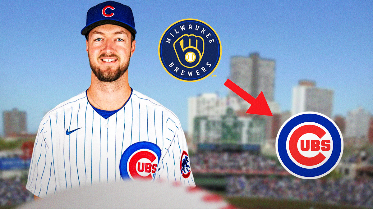 Colin Rea in a Cubs uniform. In the background, add the Brewers logo with an arrow pointing to the Cubs logo.