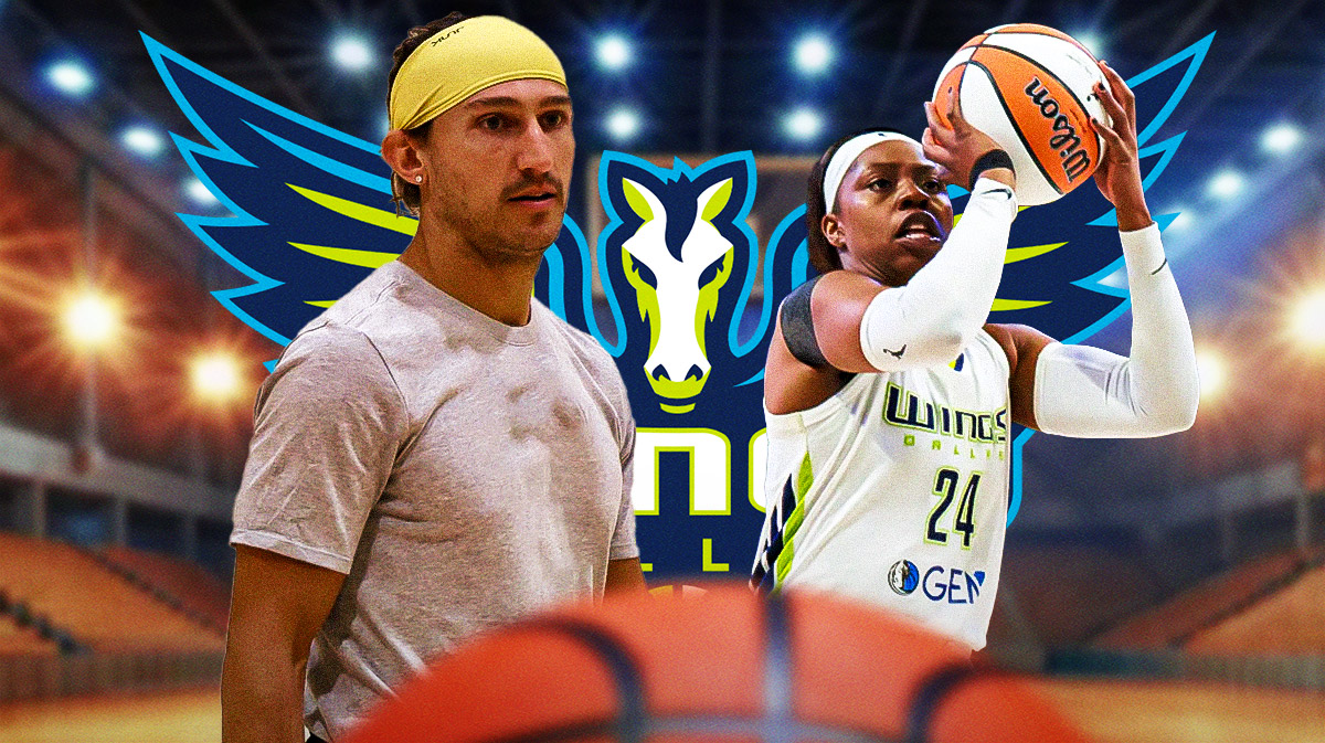 Wings head coach Chris Koclanes on left. Wings star Arike Ogunbowale on right shooting a basketball. Dallas Wings 2024 logo in background.