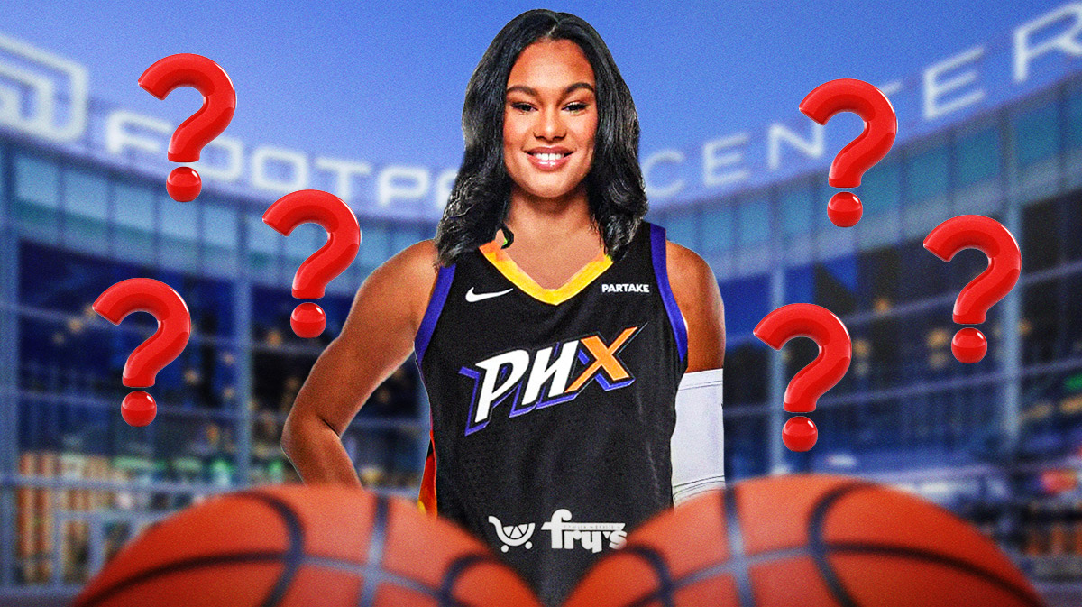 Satou Sabally with a photoshopped Phoenix Mercury jersey on her, with a background of the outside of Footprint Center, with question marks around the image.