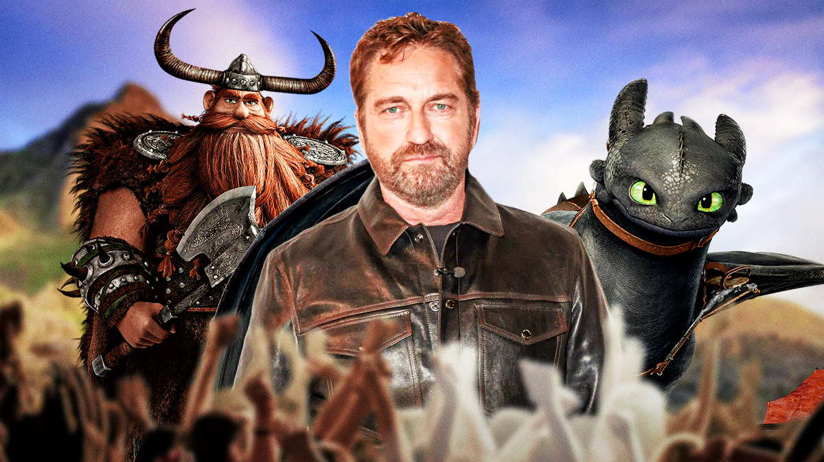 How to Train Your Dragon live-action remake star Gerard Butler with Stoick the Vast and Toothless with Belfast background.