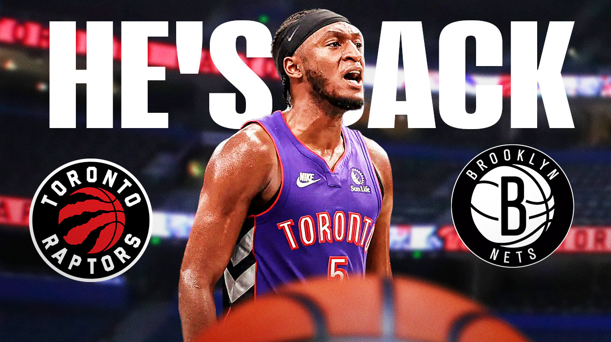 Raptors guard Immanuel Quickley next to the Raptors and Nets logos with the text HE'S BACK in the background