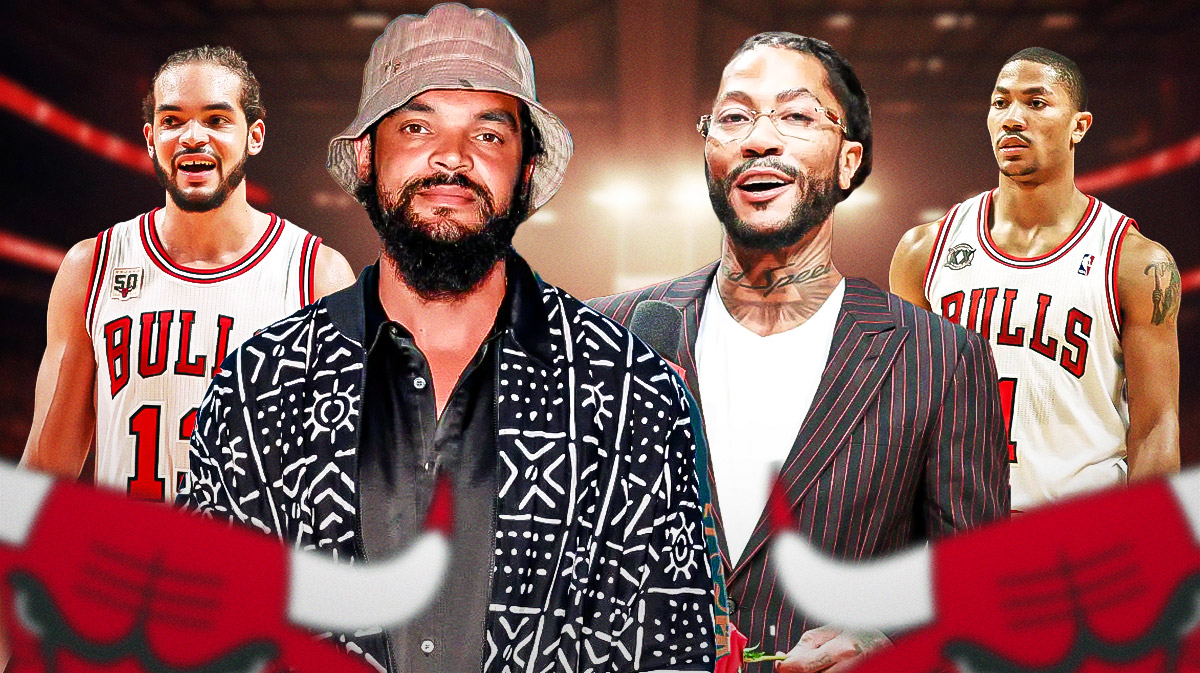 Chicago Bulls icons Joakim Noah and Derrick Rose in front of United Center.