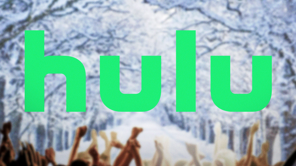 Hulu logo in front of snowy trees.
