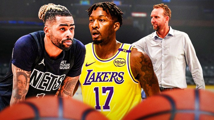 D'Angelo Russell in a Nets uniform and Dorian Finney-Smith in a Lakers uniform on one side with Sean Marks on the other